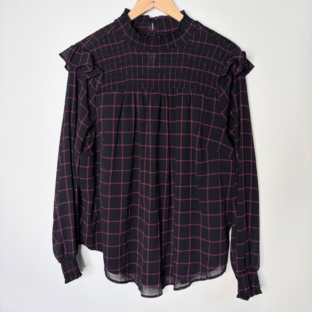 Torrid Blouse Ruffle Black Purple Plaid Shirring Light Weight Top Long Sleeve 2X